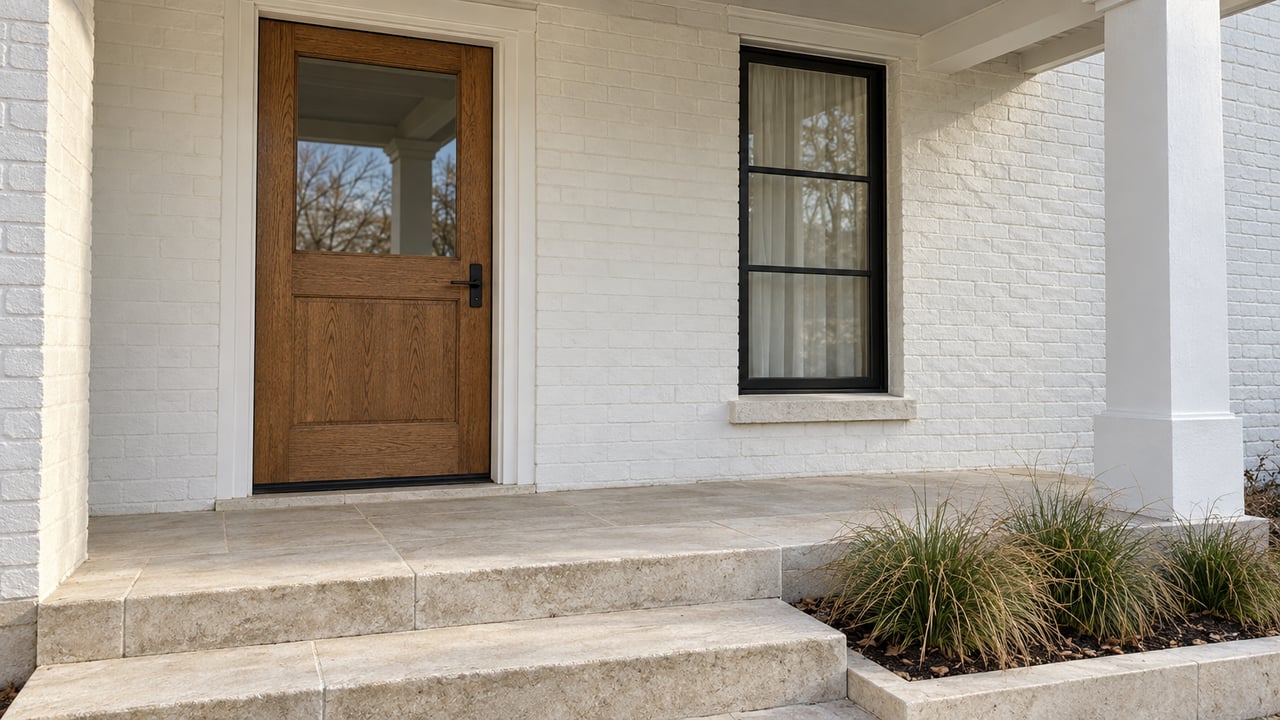 A covered residential porch with a glazed oak door, tall black-framed window, pale limestone steps and a small native sedge bed.