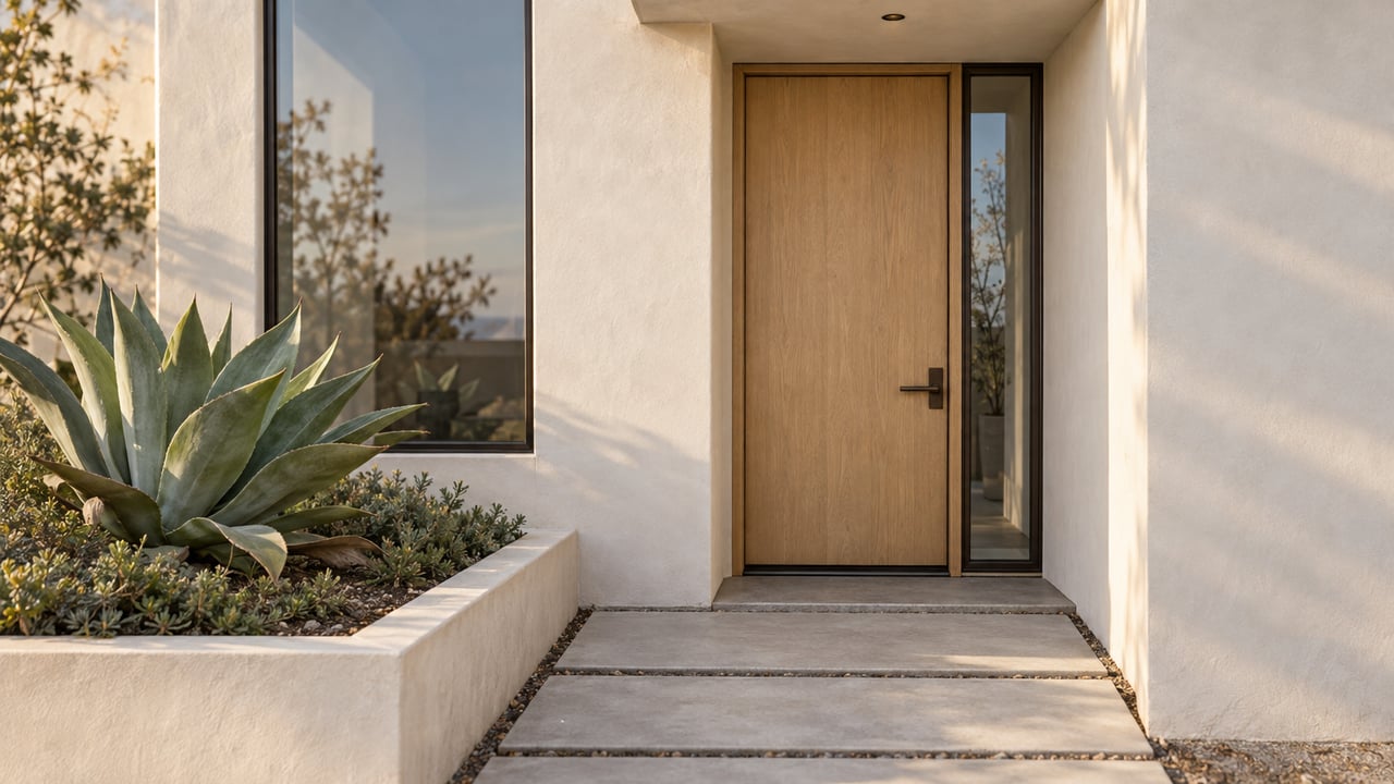 Coastal townhouse entry with a pale oak door, glazed sidelight, concrete pavers, and a sculptural agave.