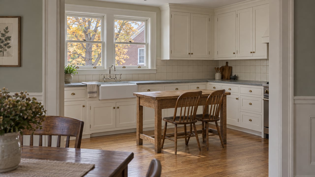 Traditional kitchen with white cabinetry, a small oak worktable and autumn foliage visible through closed sash windows.