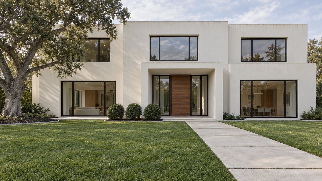 White two-story contemporary home with black-framed windows, a walnut entry door, broad lawn and mature oak beside a pale concrete approach.