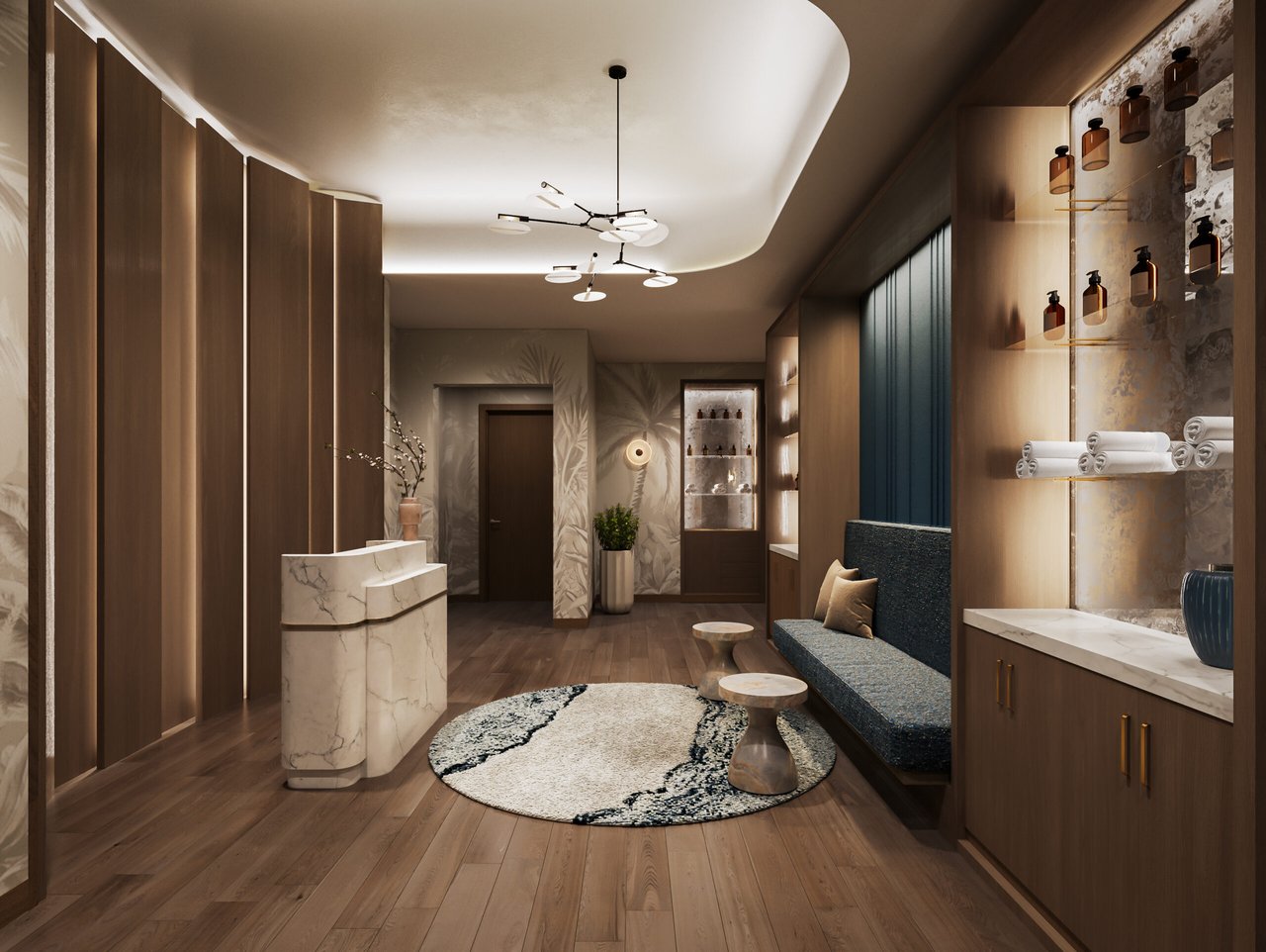 Condominium spa reception with a marble counter, built-in seating, and shelves of towels and products.