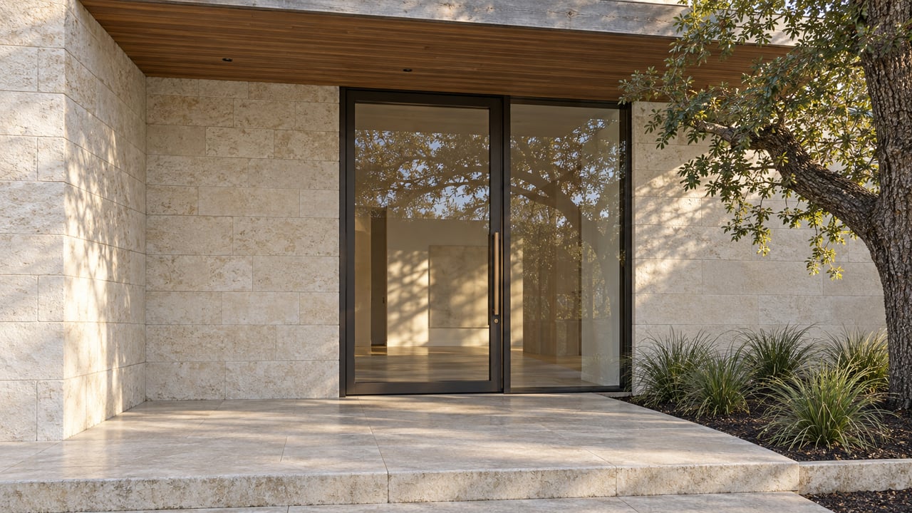 Close view of a limestone entrance beneath a cedar overhang, with a bronze-framed glass door and an oak beside a raised stone landing.