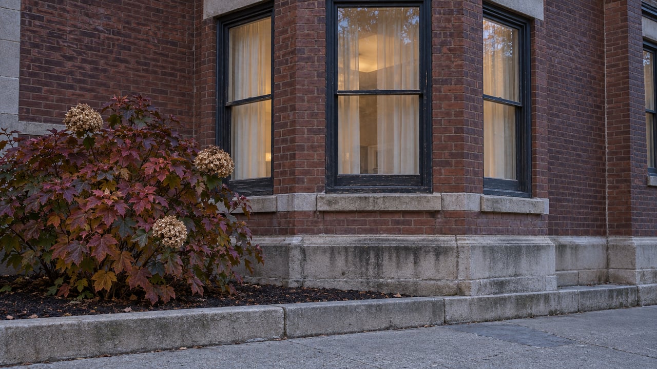 A projecting timber-framed bay window in weathered red-brown brick, above a limestone base and an autumn oakleaf hydrangea beside the sidewalk.