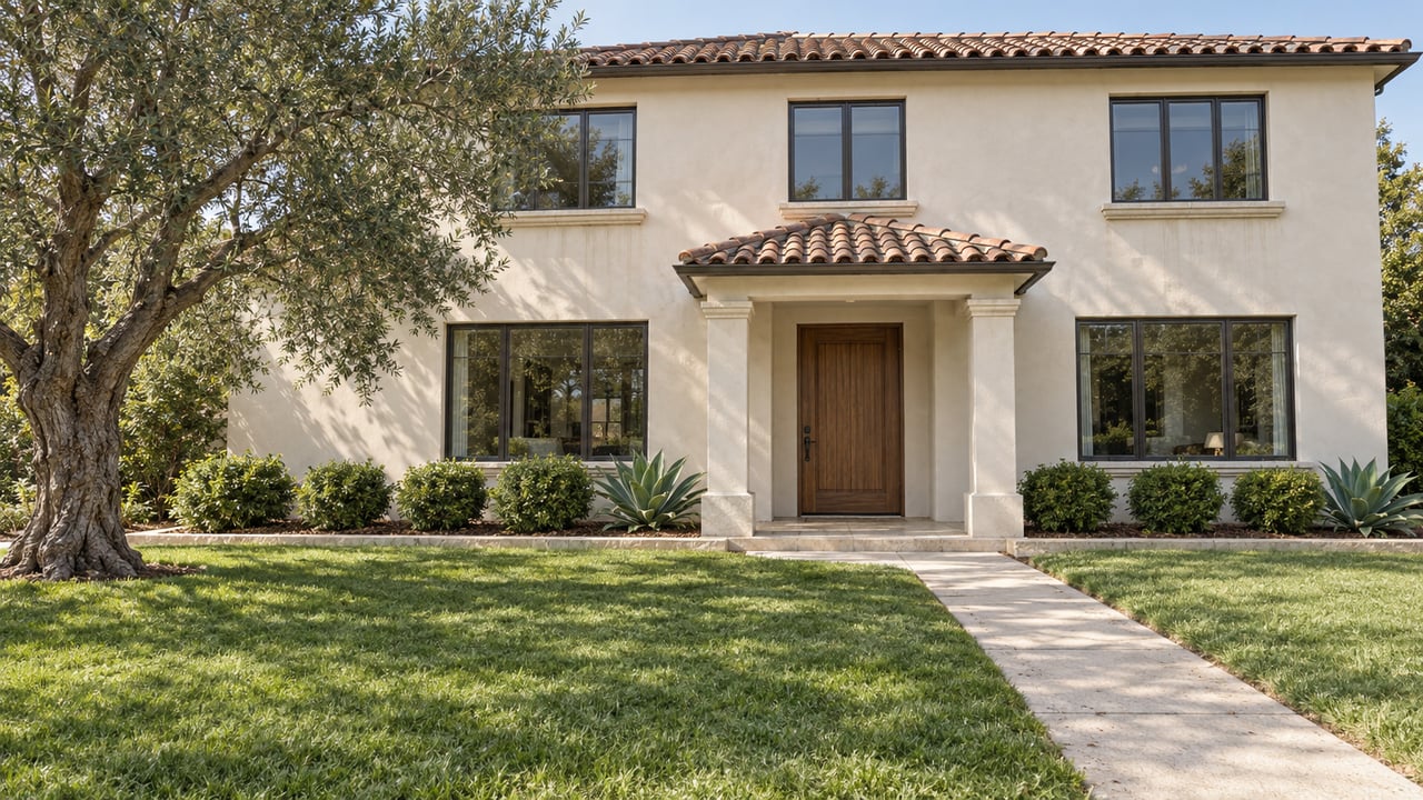 Ivory stucco home with a terracotta tile roof, bronze-framed windows, and a recessed oak entry beyond a deep lawn and specimen olive tree.