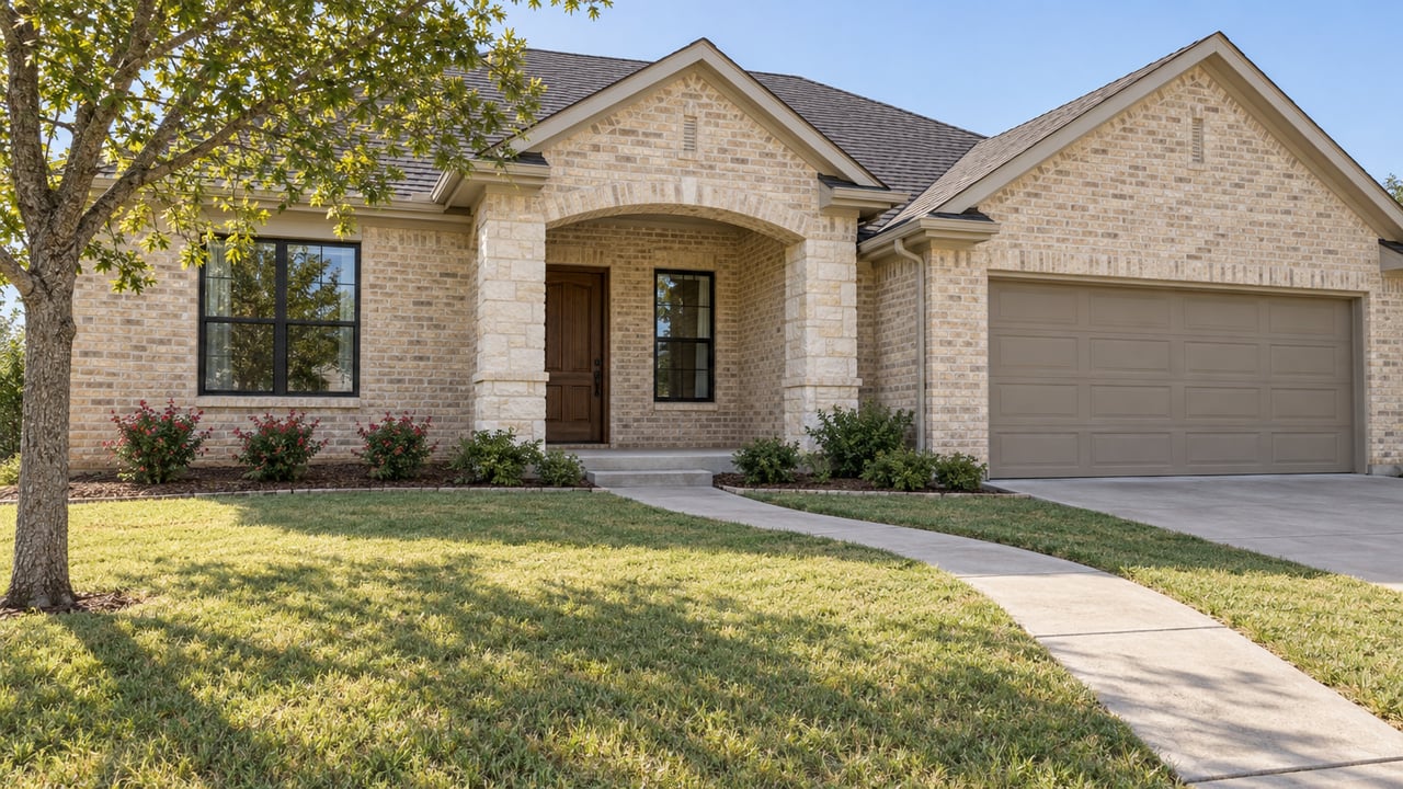 Cream brick home with a recessed stone entry, dark shingle gables, a two-car garage and a broad sunlit lawn.