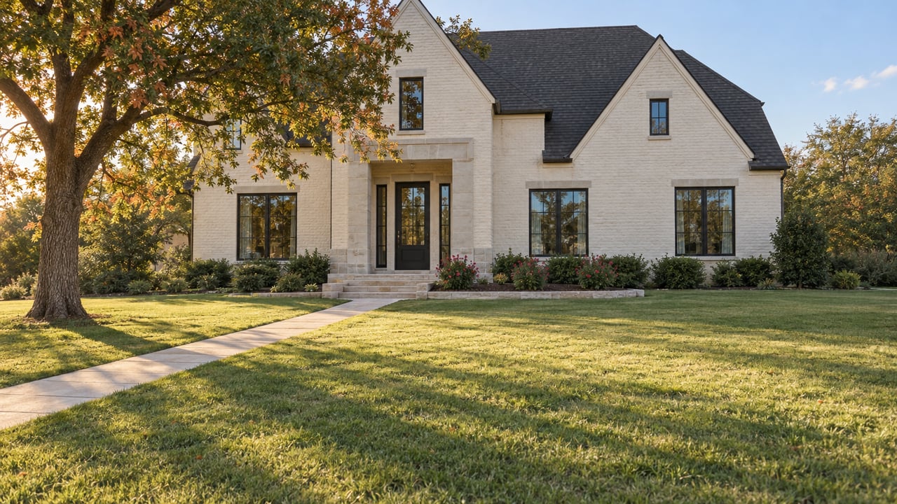 Large ivory painted-brick home with black-framed windows, limestone entry steps and a deep lawn beneath a mature oak in late-afternoon light.