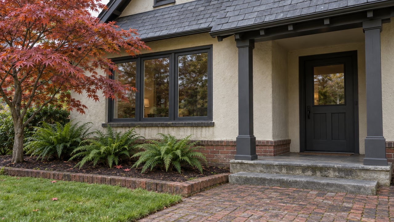 An ivory stucco home with a brick base, sheltered charcoal front door, worn stone steps and copper-red Japanese maple beside a brick garden path.