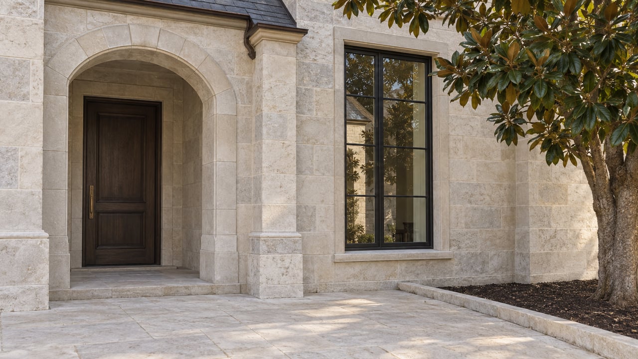 Limestone house facade with a recessed arched oak door, black-framed window, and magnolia tree.