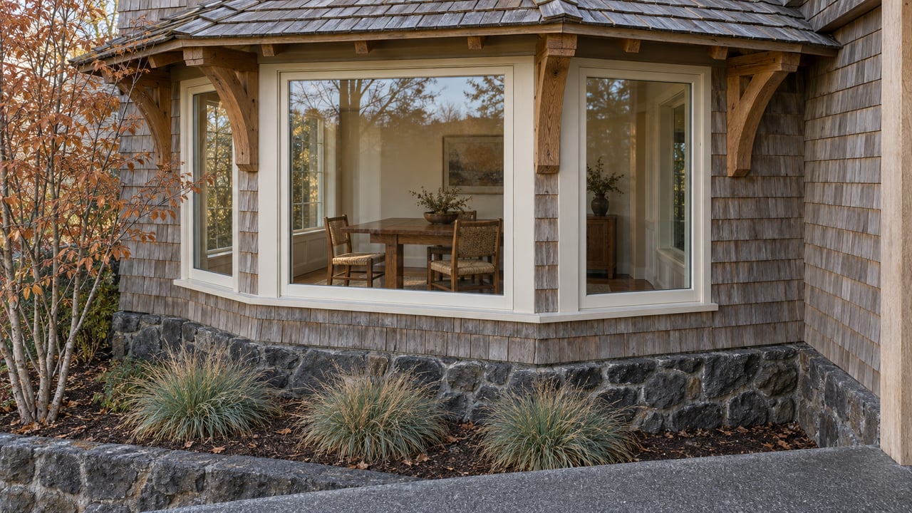 Weathered cedar bay windows above a basalt foundation, with a small autumn serviceberry and blue-green bunchgrasses beside a concrete landing.