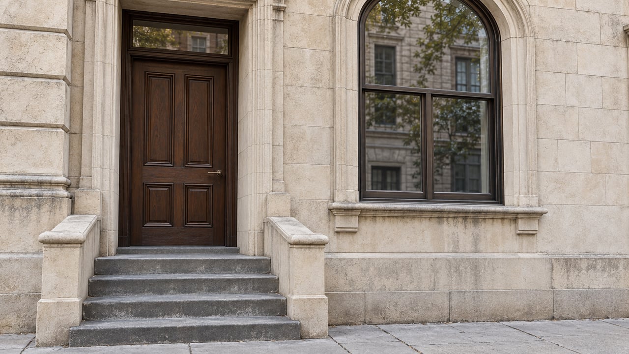Close view of a limestone townhouse entrance with a walnut door, tall arched window and worn bluestone steps.