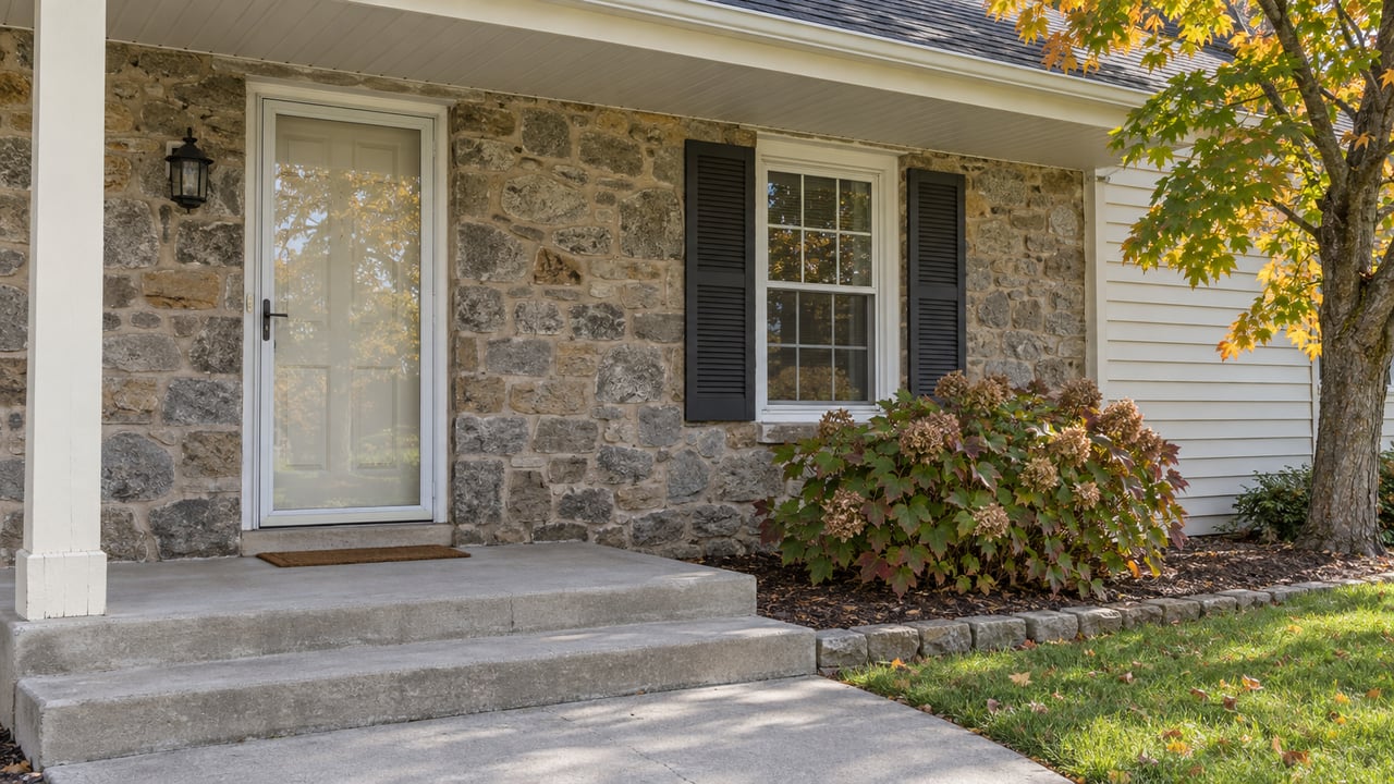 Stone-and-cream home entry with a closed glass storm door, paired dark window shutters, weathered concrete steps and autumn planting.