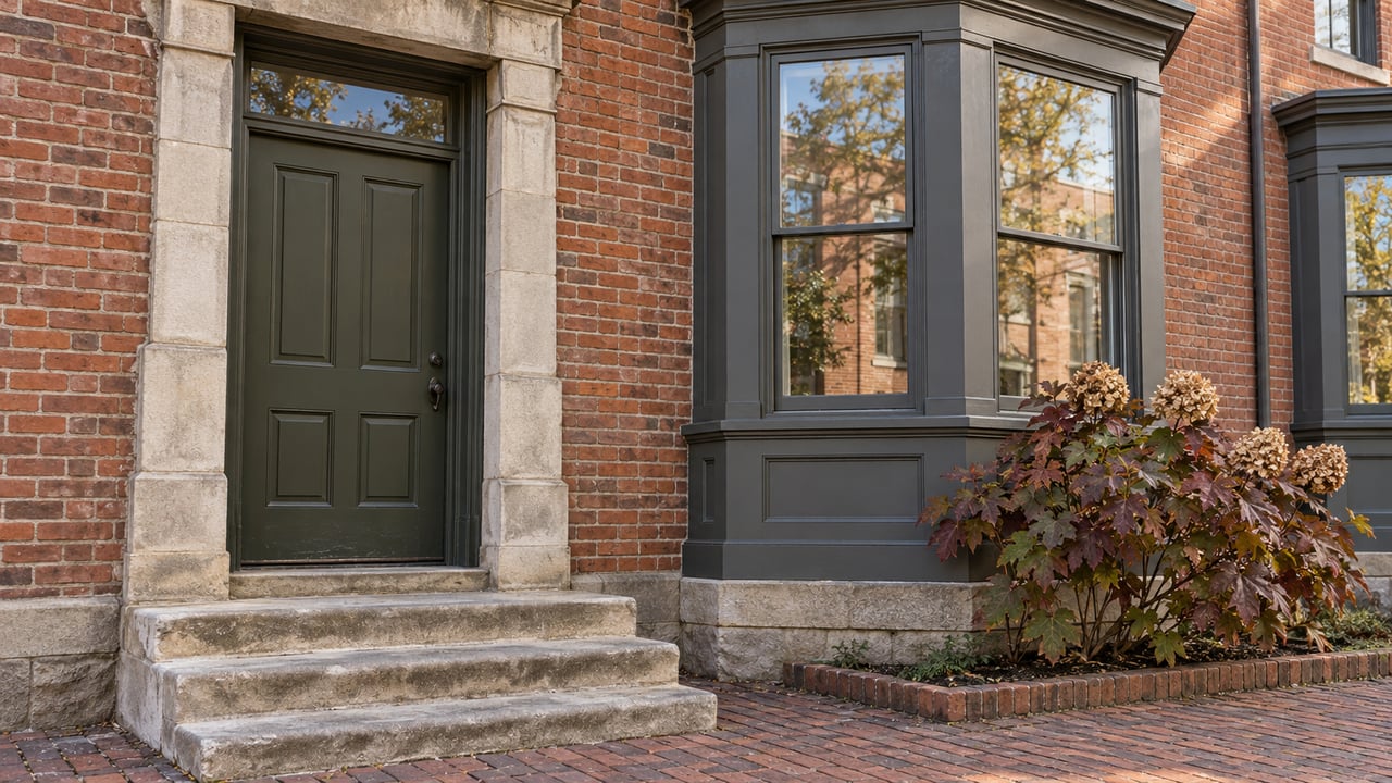 Warm brick townhouse entry with a worn limestone stoop, dark wood bay windows and autumn oakleaf hydrangea.
