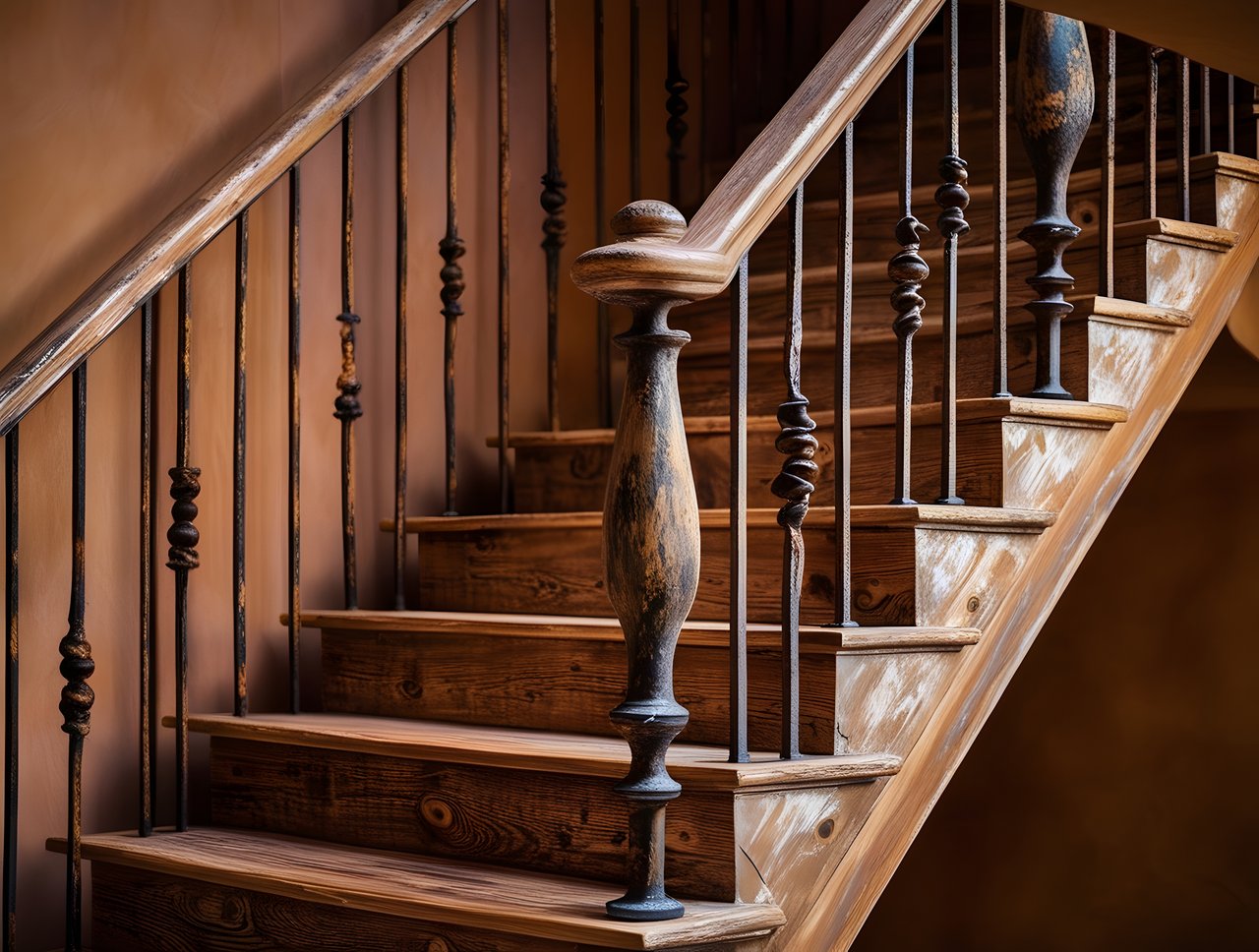 Wooden staircase with ornate balusters and a smooth handrail, set against a warm-toned wall—an ideal showcase for real estate agents to highlight on their nationwide platform.