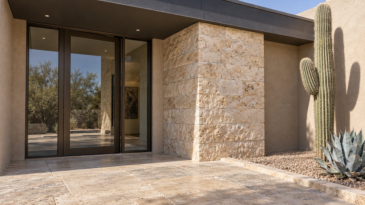 A shaded bronze-framed glass entry beside buff limestone and sand stucco, with a sculptural saguaro and blue-gray agave in a bordered gravel bed.