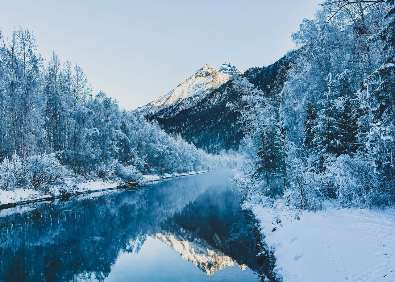 Glacier Creek in Girdwood Alaska in winter with snow