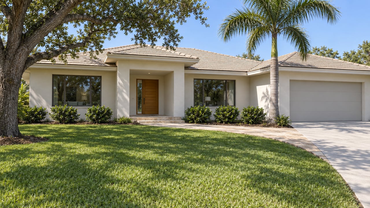 Low white-stucco home with a pale tiled roof behind a deep green lawn, a spreading live oak and one tall royal palm.