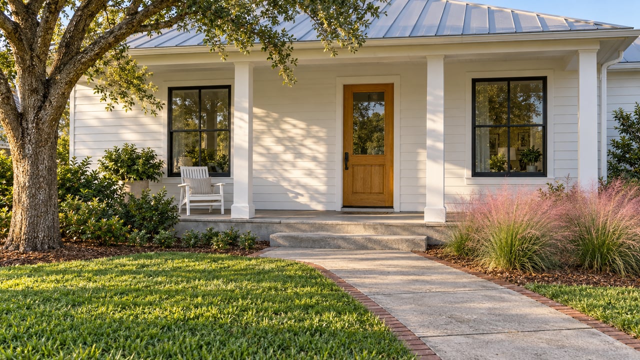 White coastal home with a timber entry door, shaded porch, front lawn and pink muhly grass in afternoon light.