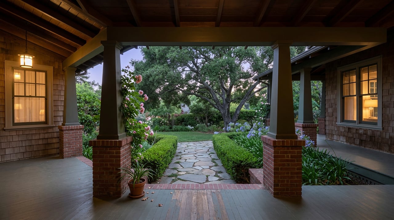 Craftsman porch with brick piers and a glowing lantern, overlooking an oak-shaded garden and flagstone path at dusk.