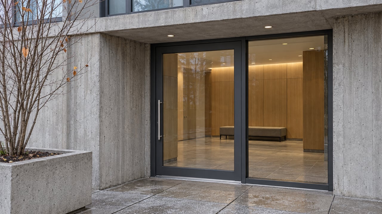 Concrete and glass condominium entrance with a bare serviceberry in a raised planter and a warm oak-lined lobby behind the closed door.