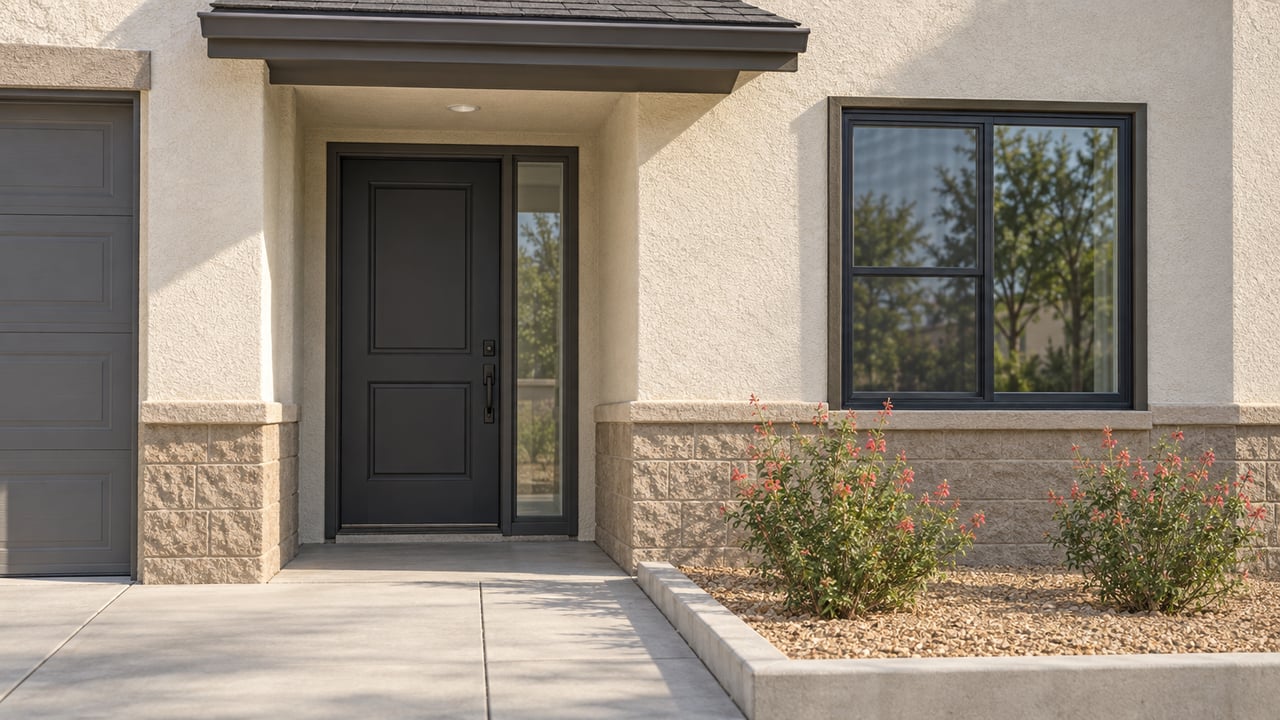 Compact two-story stucco house entry with a dark front door, black-framed window, and coral-flowered salvias.
