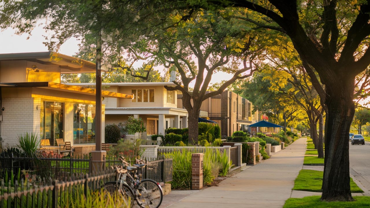 Modern homes line a tree-shaded sidewalk, with a bicycle parked beside a low brick fence.