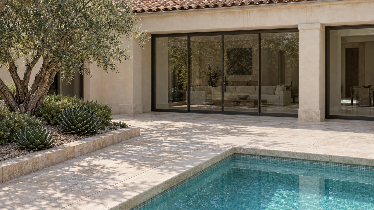 Sunlit stucco home with a clay-tile roof, glazed loggia, travertine terrace, olive tree and turquoise pool corner.