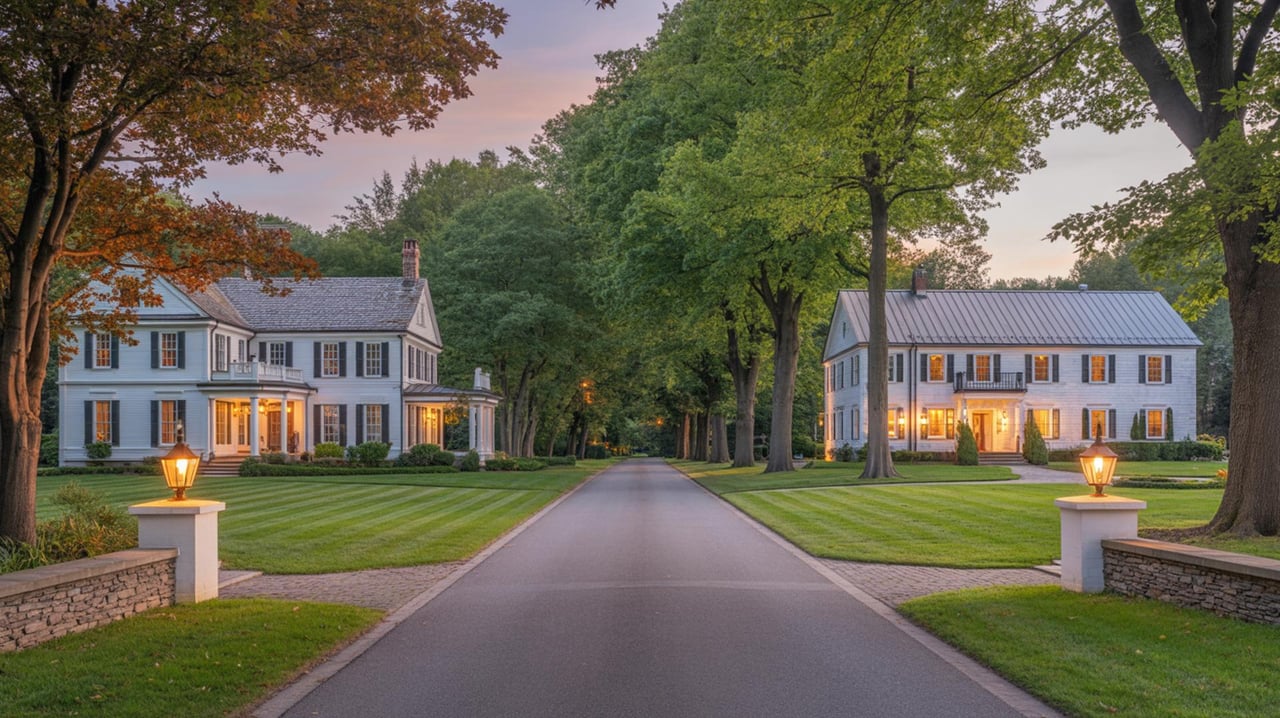 Paved driveway lined with trees leads to two illuminated white colonial-style houses.