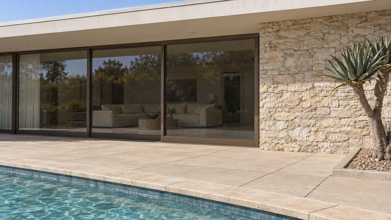 Sunlit limestone pool terrace beside bronze-framed glass doors of a single-story home, with a sculptural aloe at the edge.