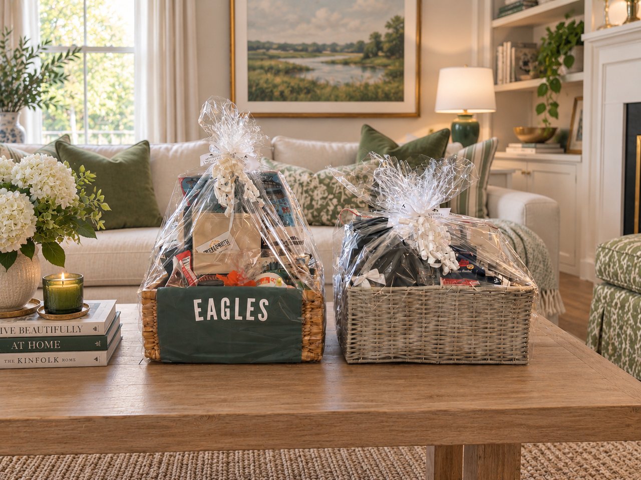 Two gift baskets, including one labeled Eagles, displayed on a living room coffee table.
