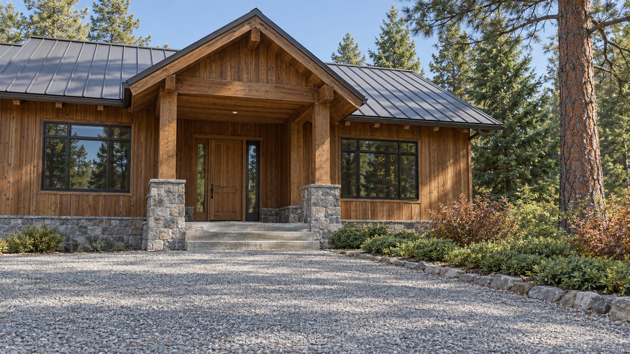 Cedar-and-stone home with a timber porch, charcoal metal roof, and broad gravel approach beside mature conifers.