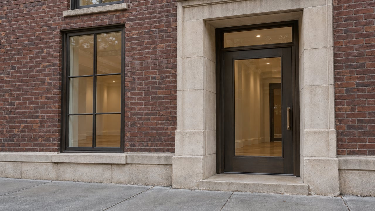 Red-brown brick residential facade with a limestone entrance surround, dark bronze glazed door, and tall divided-light window above a gray sidewalk.