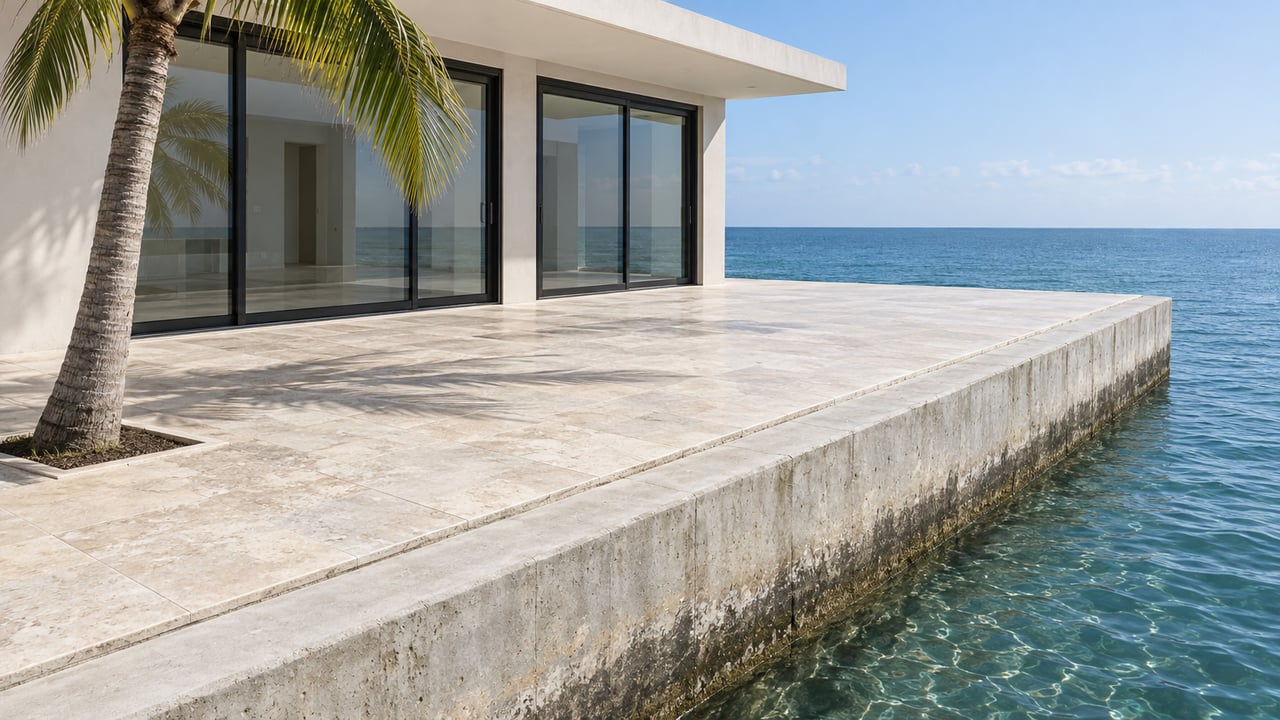 Cream-stone terrace beside a concrete seawall, with a coconut palm, glass doors, and teal water.