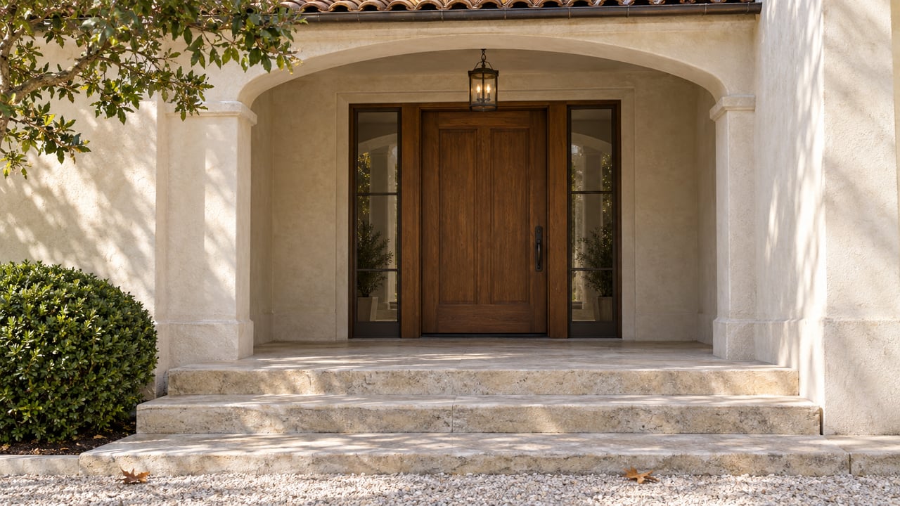 Cream stucco estate entry with oak door, matching sidelights, limestone steps, and an oak branch overhead.