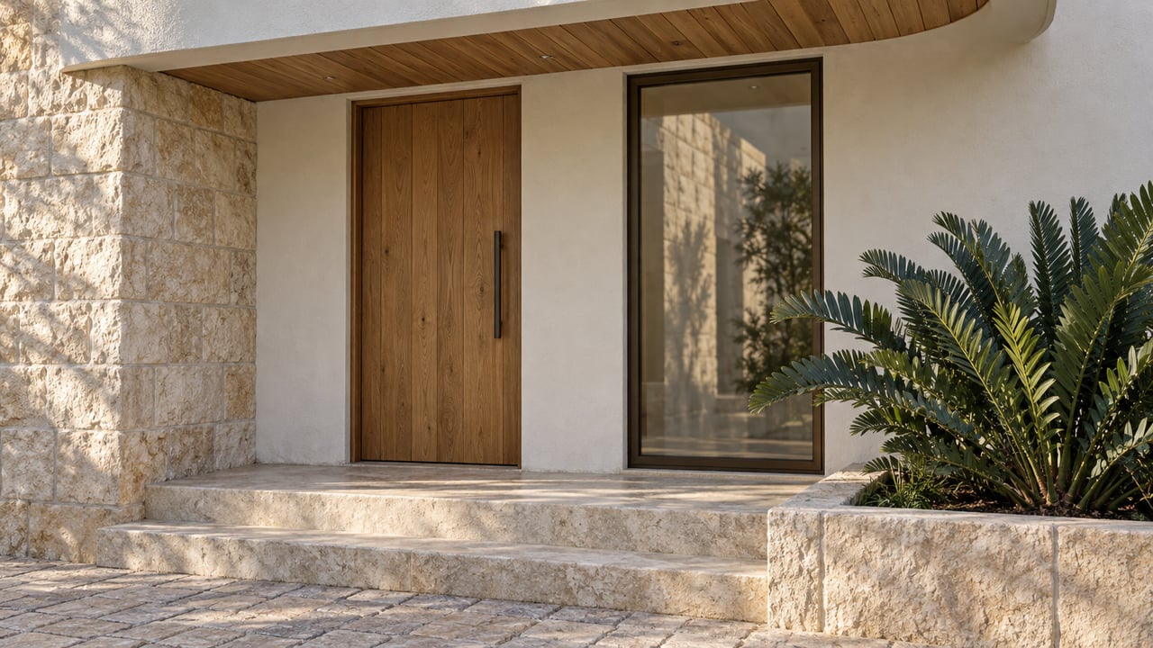 A shaded timber entrance beneath a rounded white-plaster overhang, beside a bronze-framed window, limestone steps and a single sculptural cycad.