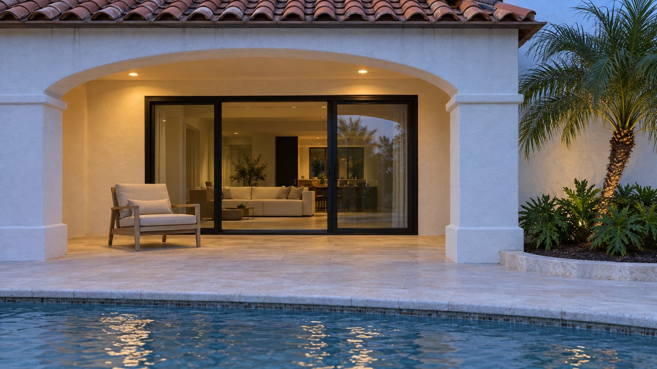 White stucco arched terrace with terracotta roof tiles, glazed doors, teak lounge chair and limestone pool coping at blue hour.