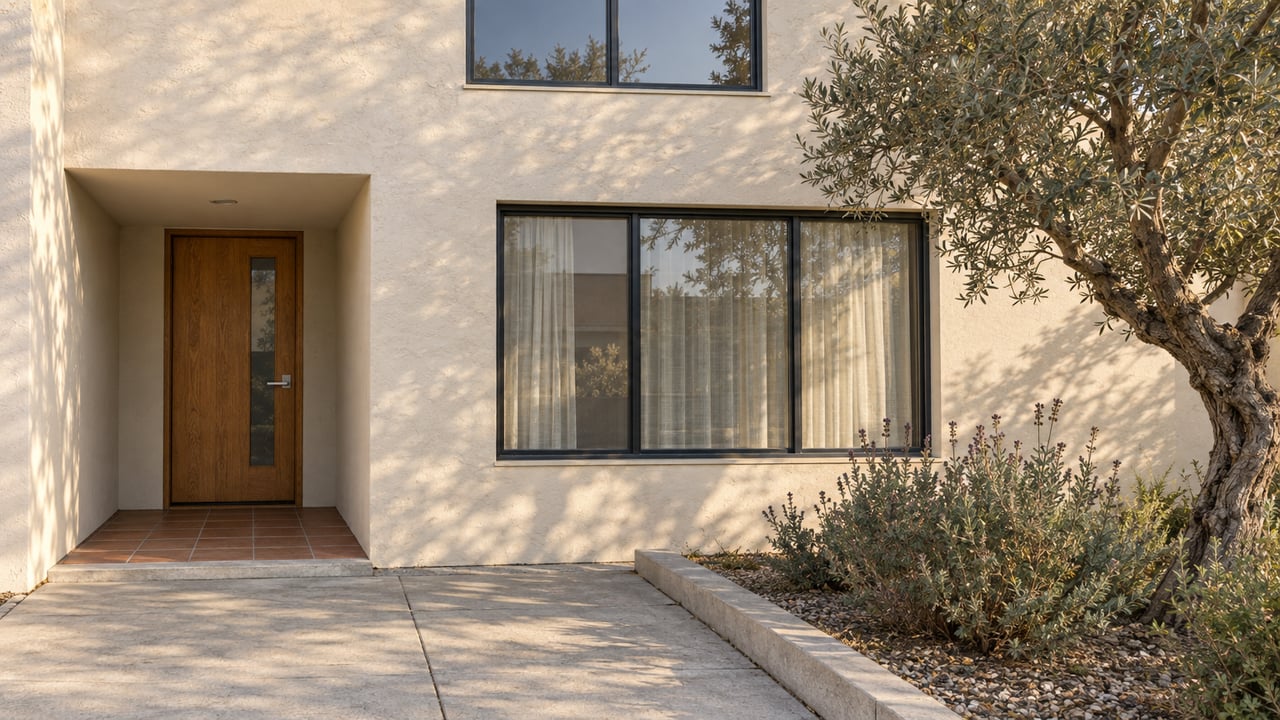 Renovated apartment entrance with ivory stucco, an oak door, charcoal-framed windows and an olive tree beside a concrete approach.