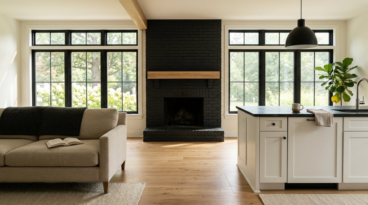 Open-plan living kitchen with oak floors, black brick fireplace, white island, and garden visible through black-framed windows.