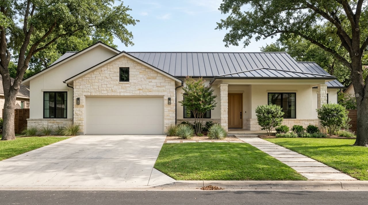 Limestone-and-stucco home with a standing-seam roof, black-framed windows, lawn, and drought-tolerant landscaping.