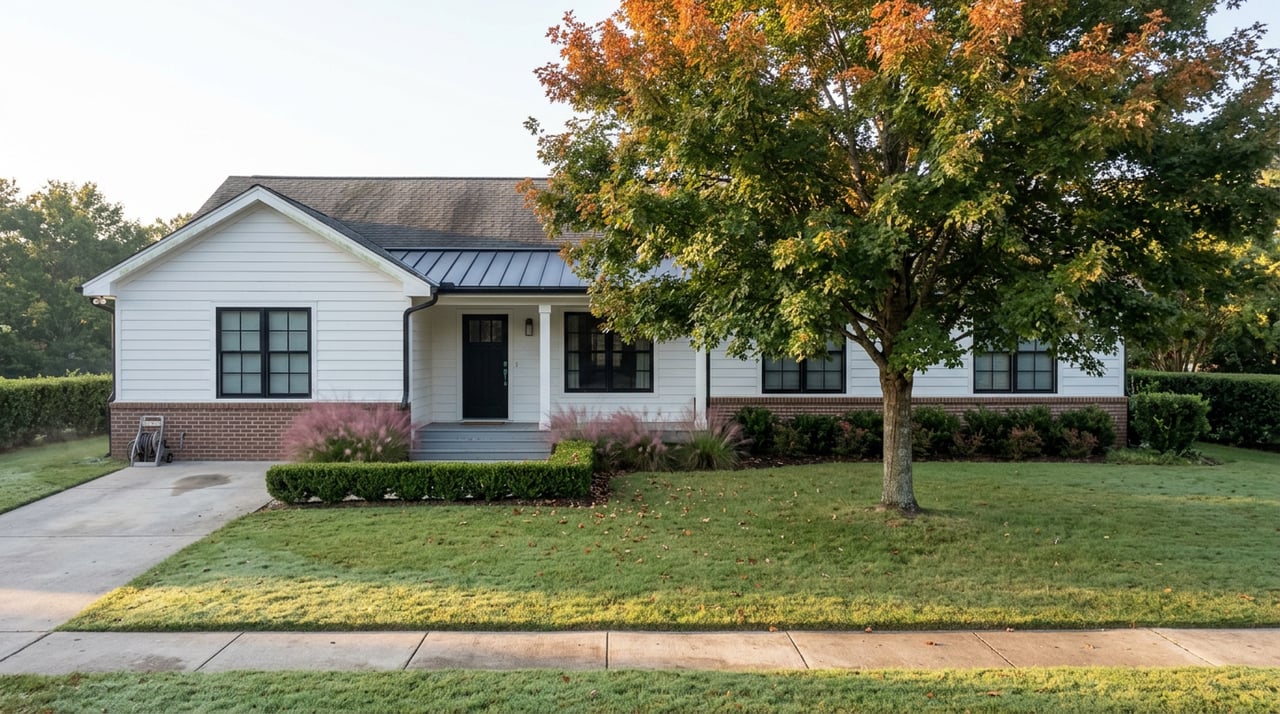 White farmhouse with black entry door, broad dewy lawn, and an oak tree turning orange at the crown.