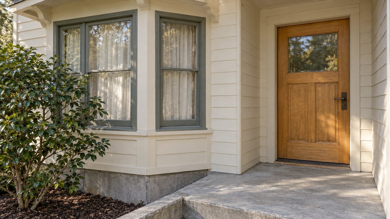 Sunlit ivory wood siding, a gray-green bay window and an oak front door above a worn concrete landing beside a camellia.