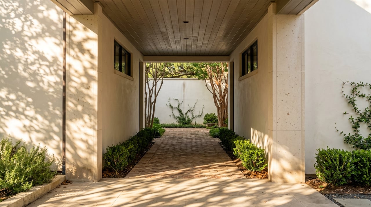 Limestone breezeway with herringbone brick paving leads to a walled garden beneath dappled sunlight.