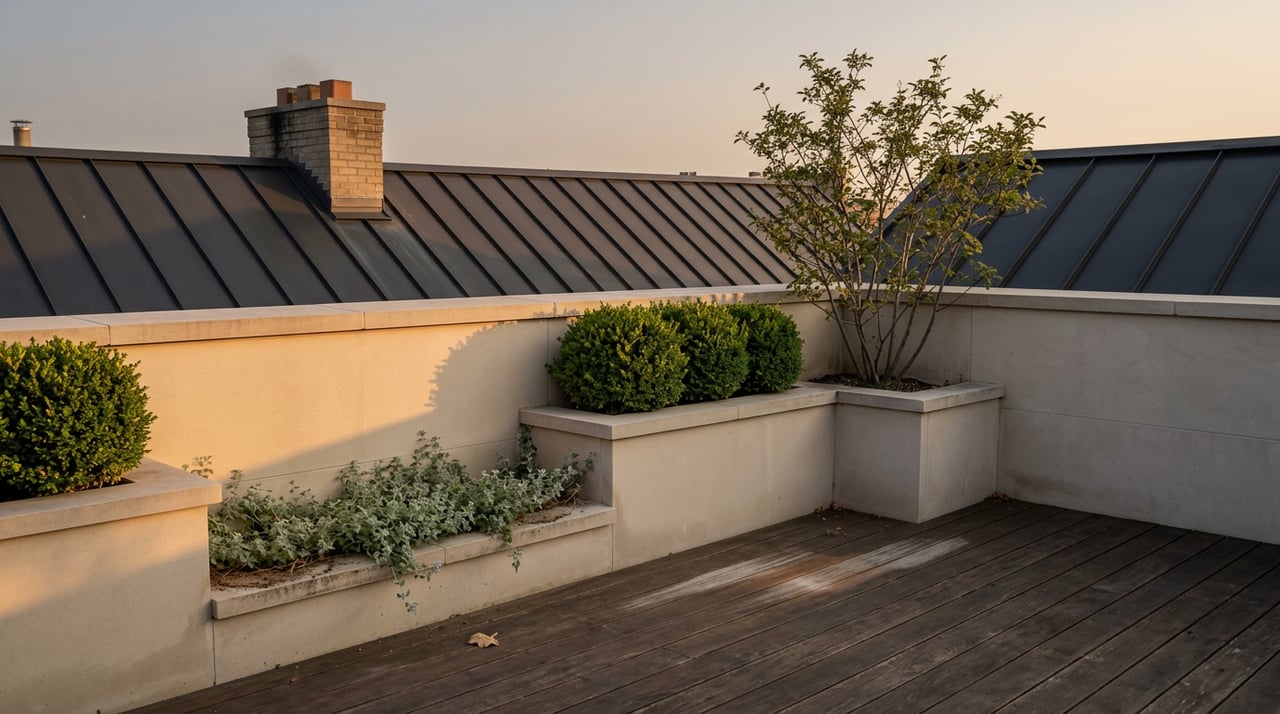 Rooftop terrace with decking, limestone parapet, boxwood planters, neighboring metal roof and brick chimney.