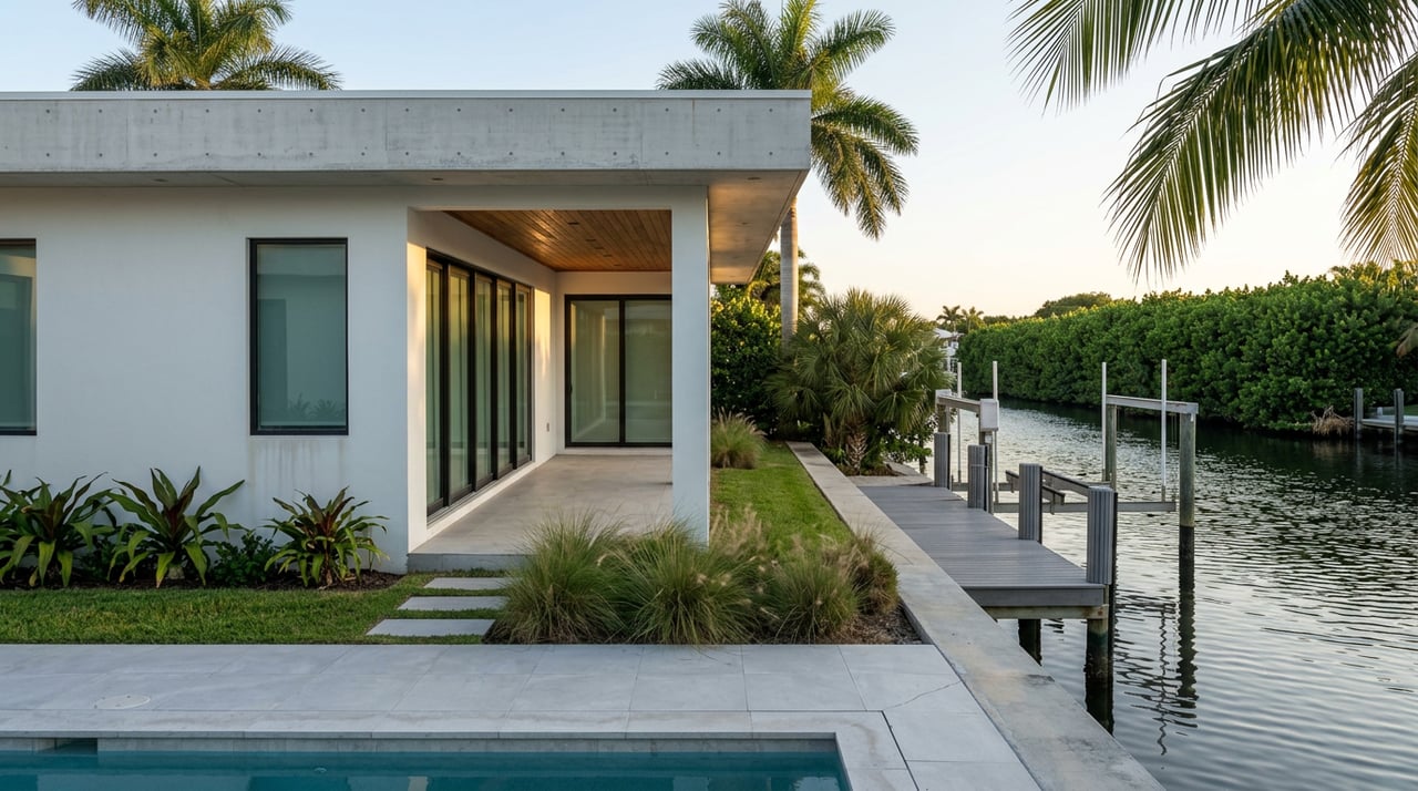 White stucco canal-front home overlooks a dock and empty boat lift, with palms and water.