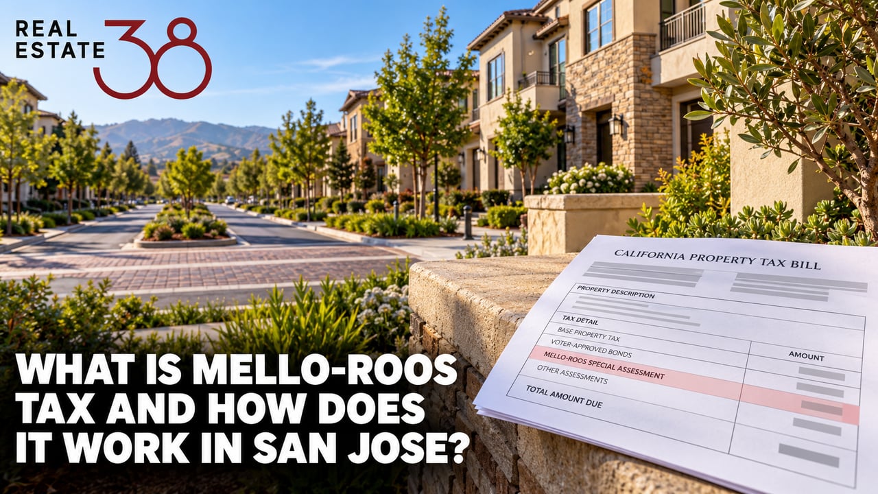 New San Jose townhomes on a landscaped street beside a highlighted property tax bill.