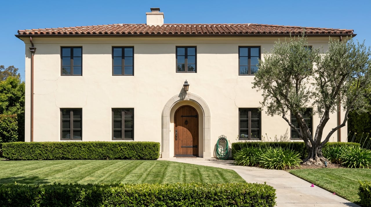Two-story cream stucco home with a terracotta tile roof, arched entry, deep lawn, and clipped foreground hedge.