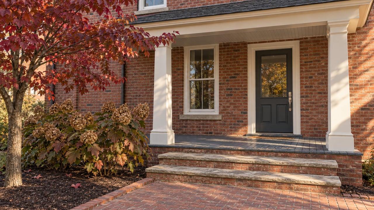 Red brick home with a painted covered porch, limestone-topped steps and burgundy dogwood foliage in autumn afternoon light.