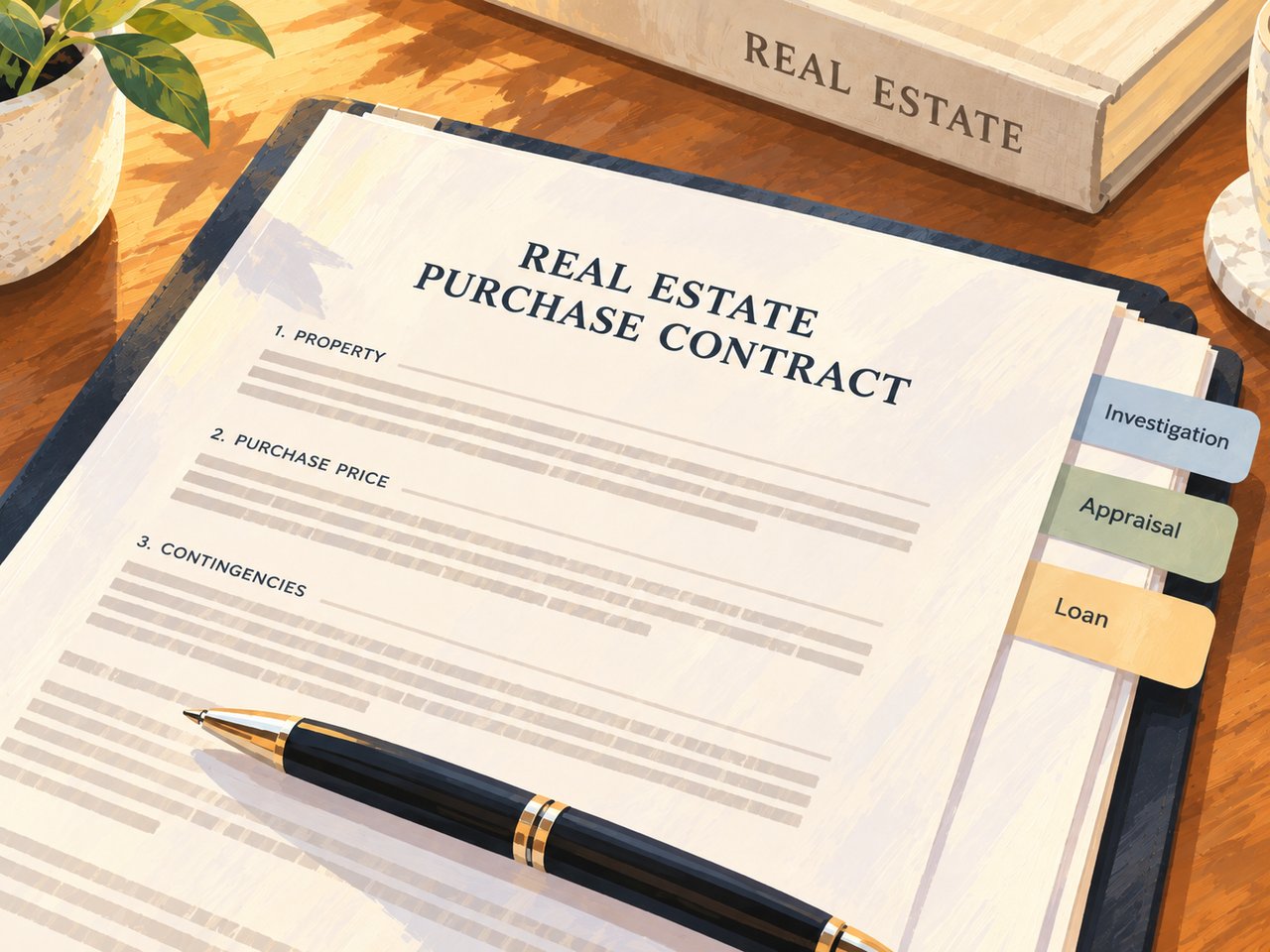 Real estate purchase contract with a black-and-gold pen and tabs for investigation, appraisal, and loan.