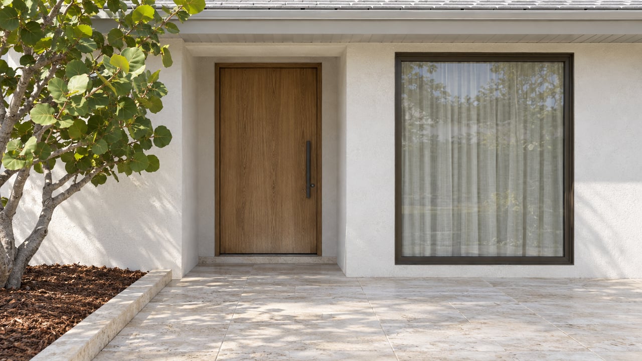 Close view of a white stucco home's recessed oak entry, bronze-framed window, limestone approach and sea grape specimen.