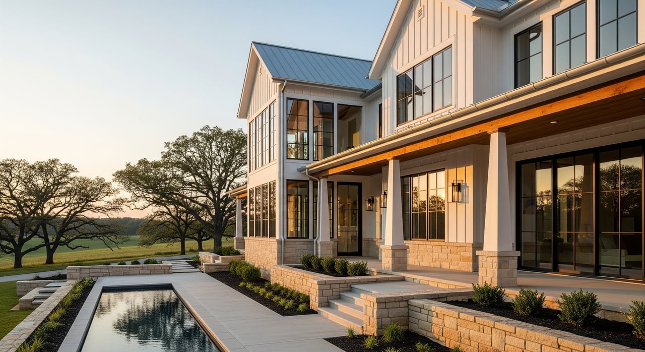 Modern white-and-stone house with a covered patio, broad windows, and a narrow reflecting pool.