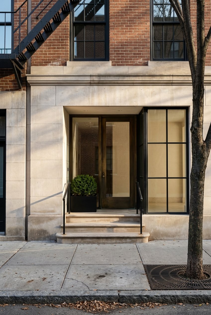 Prewar building facade with a recessed entrance in late-afternoon sunlight.
